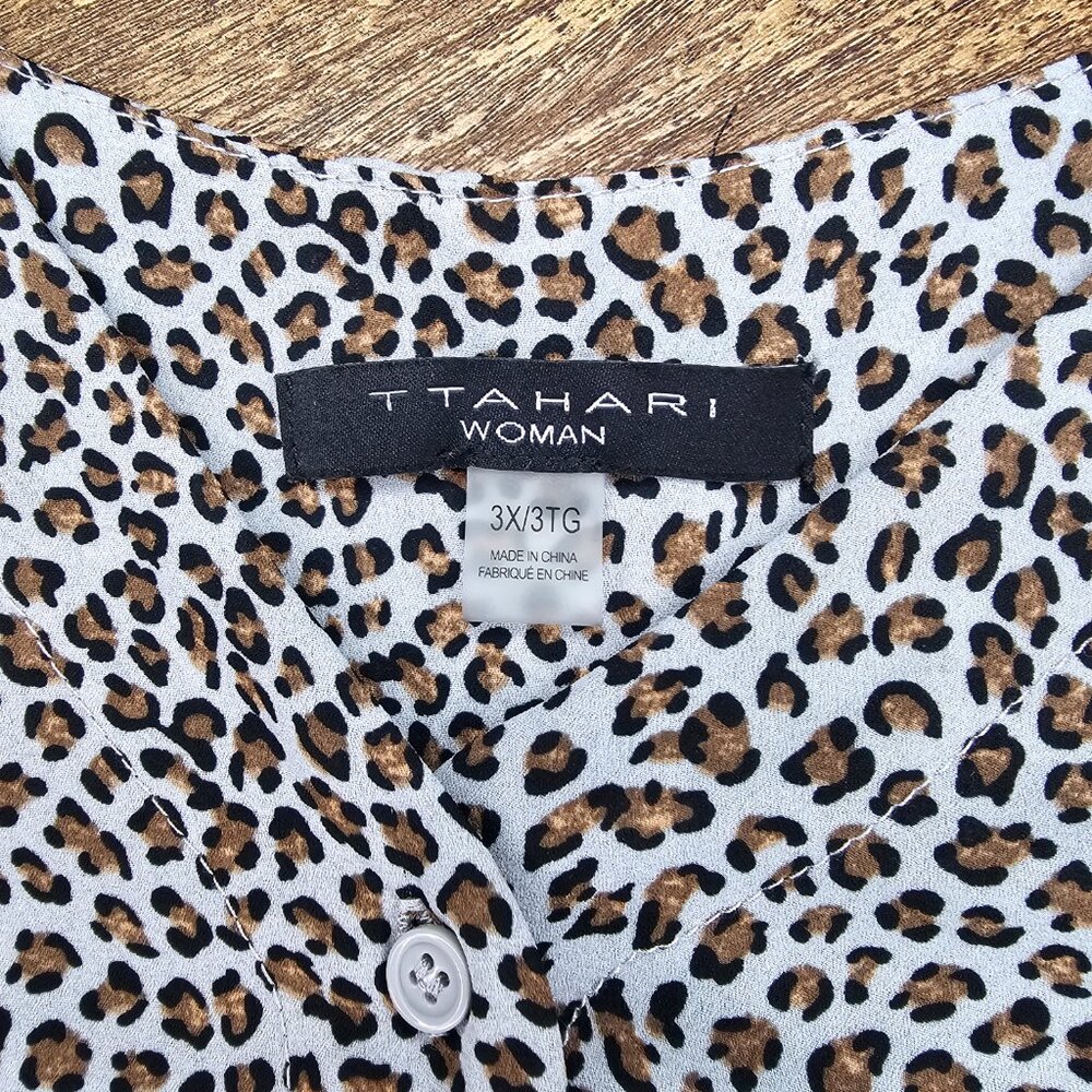 T Tahari Leopard Print Long Sleeve V Neck Button Up Blouse Top 3X - Picture 6 of 8